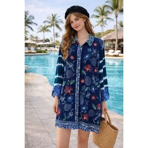 John Mark Tunic Top Womens 2X Blue Floral Embroidered Boho Mixed Media Festival